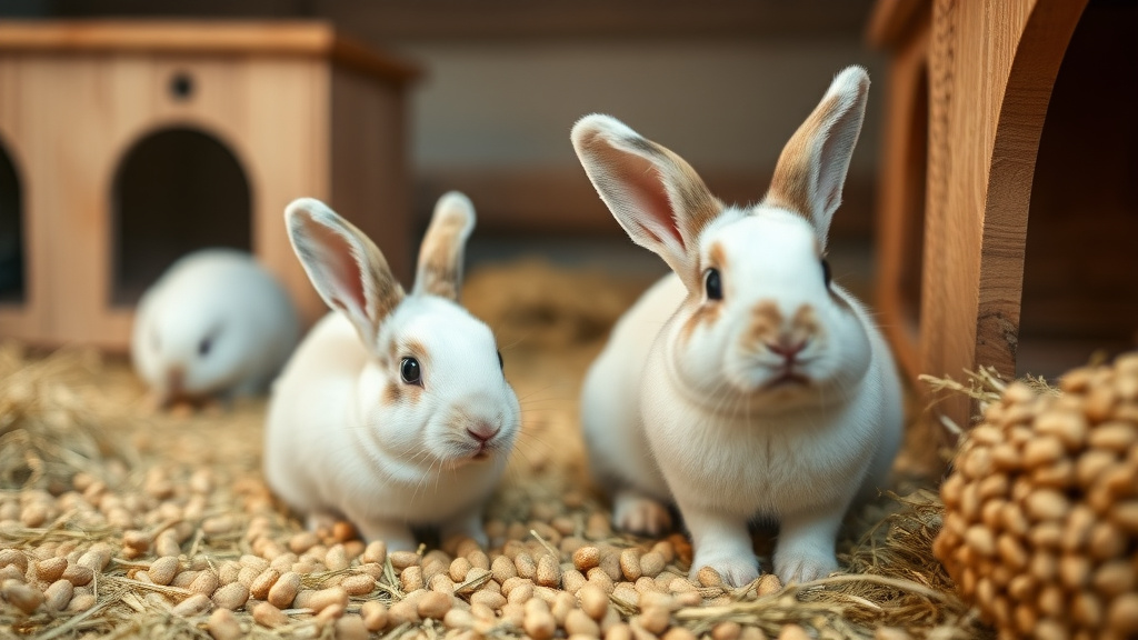Domestic rabbit care — hutches, hay, pellets, grooming.